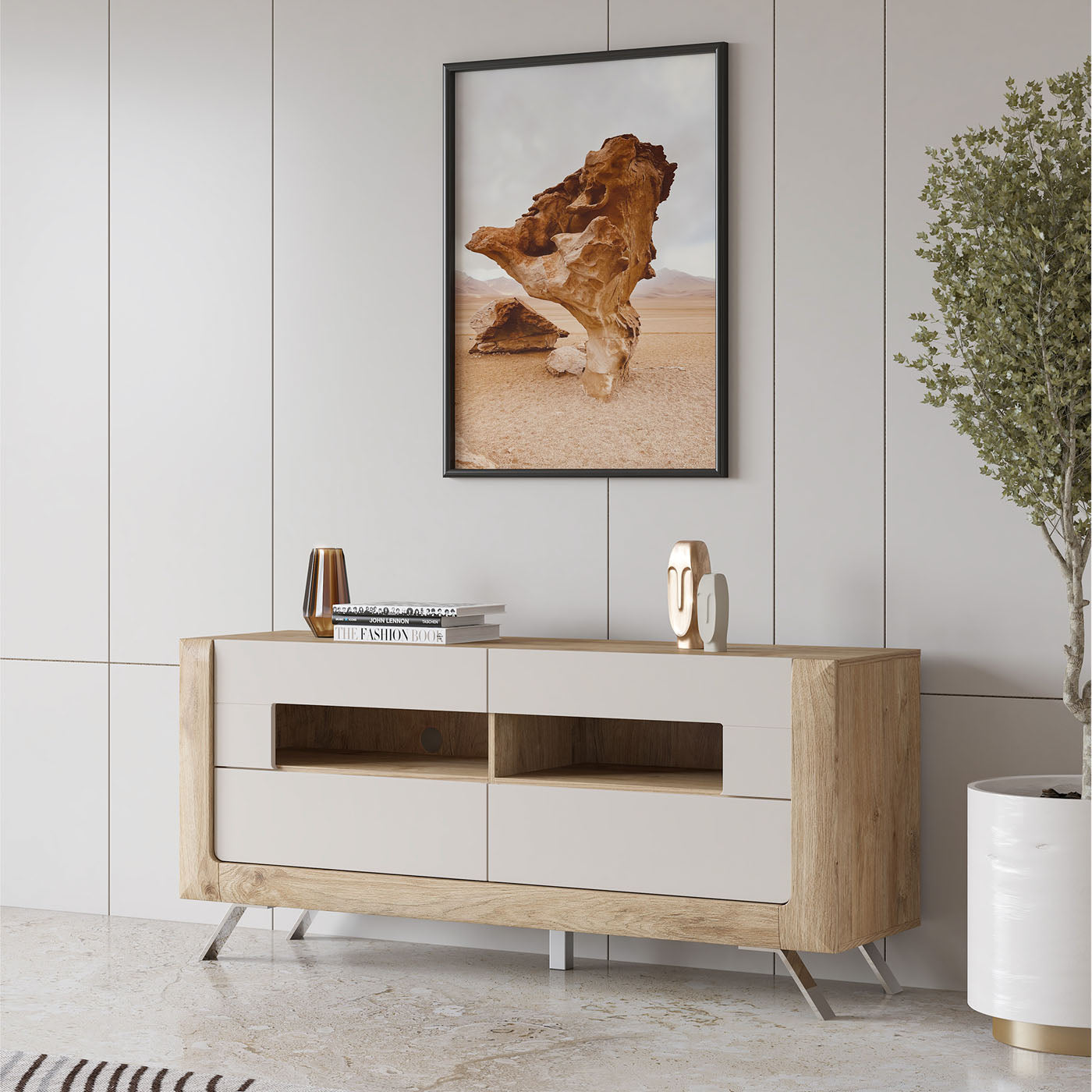 TV skapis Kavasari 161/48/73 cm Hamilton ozols/kašmirs