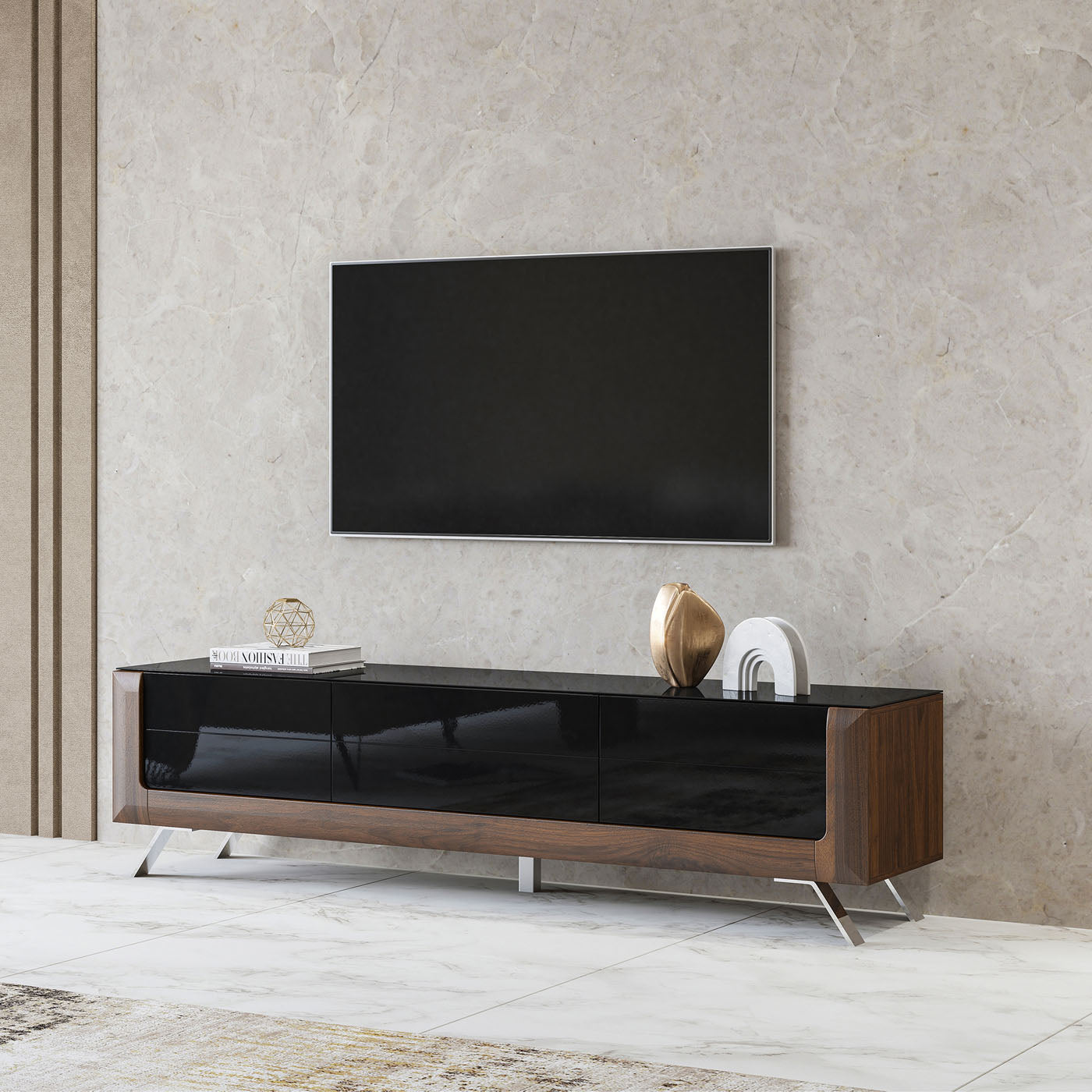 TV skapis Kavasari 199/48/52 cm Kolumbijas valrieksts/melns - N1 Home