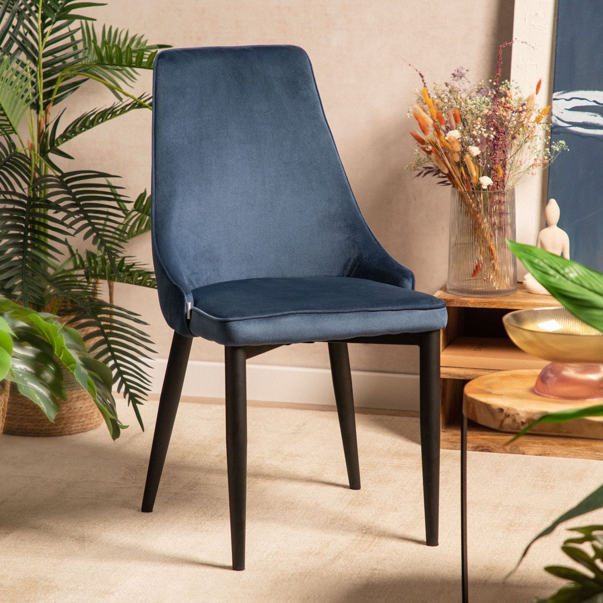 LOUIS RIBBON zils samta krēsls 44x59x88 cm