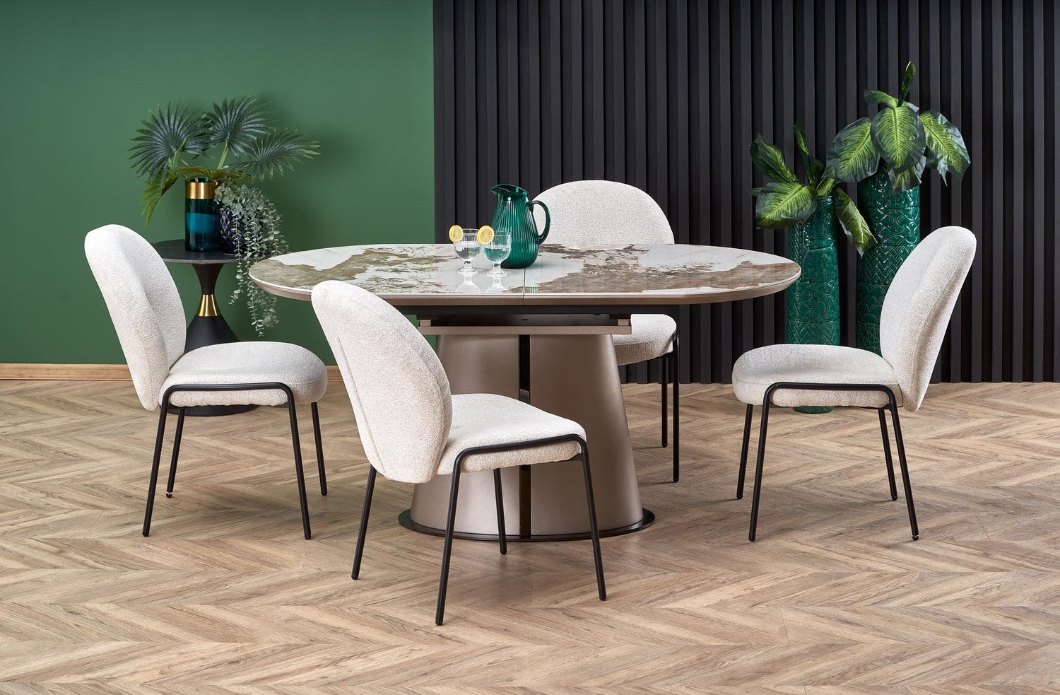 RB paplašināms galds, bēšs marmors / CAPPUCCINO / MELNS, 90x160-200 cm