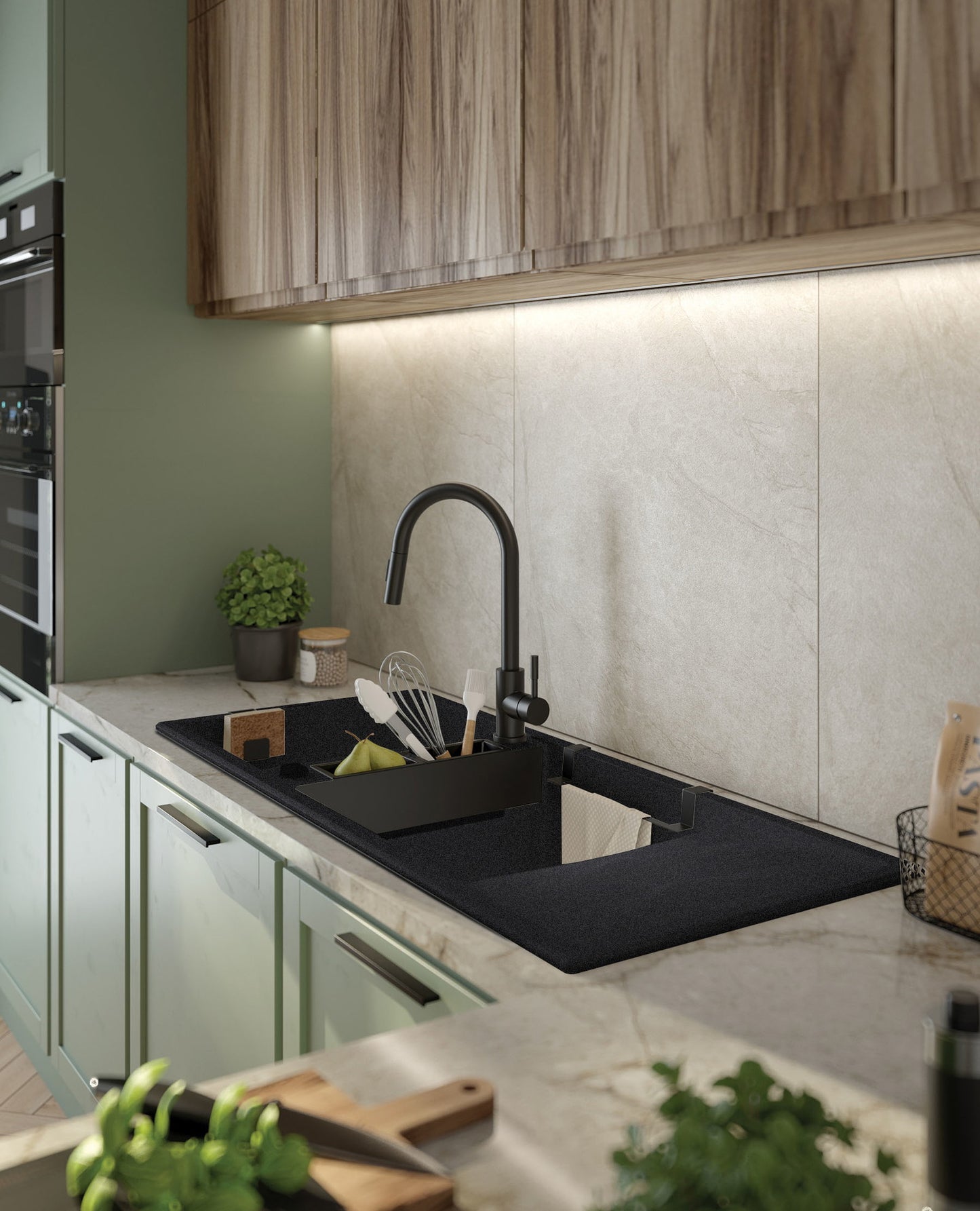 Magnētiskā 2 bļodiņu granīta izlietne ar notekcauruli Magnetic 1160 x 500 x 224 grafīta metālisks - N1 Home