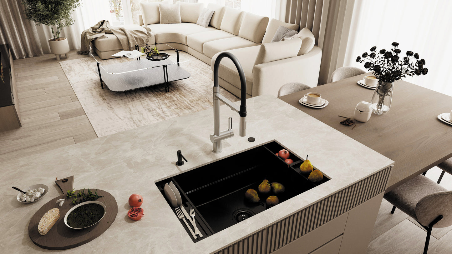 Virtuves jaucējkrāns ar ūdens filtra pieslēgumu un elastīgu snīpi Magnetic 549 mm matēts zelts - N1 Home