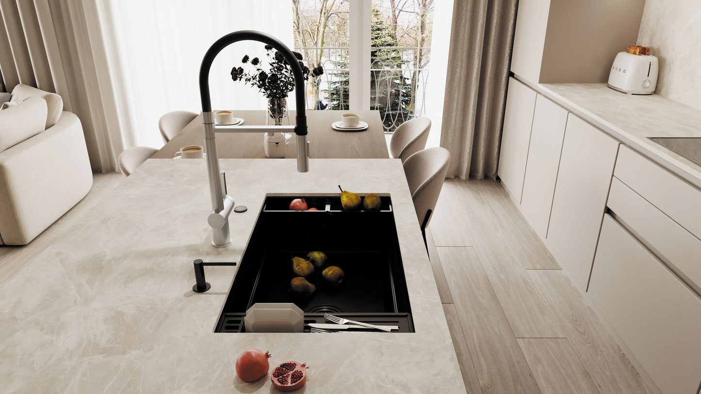 Virtuves jaucējkrāns ar ūdens filtra pieslēgumu un elastīgu snīpi Magnetic 549 mm nero - N1 Home