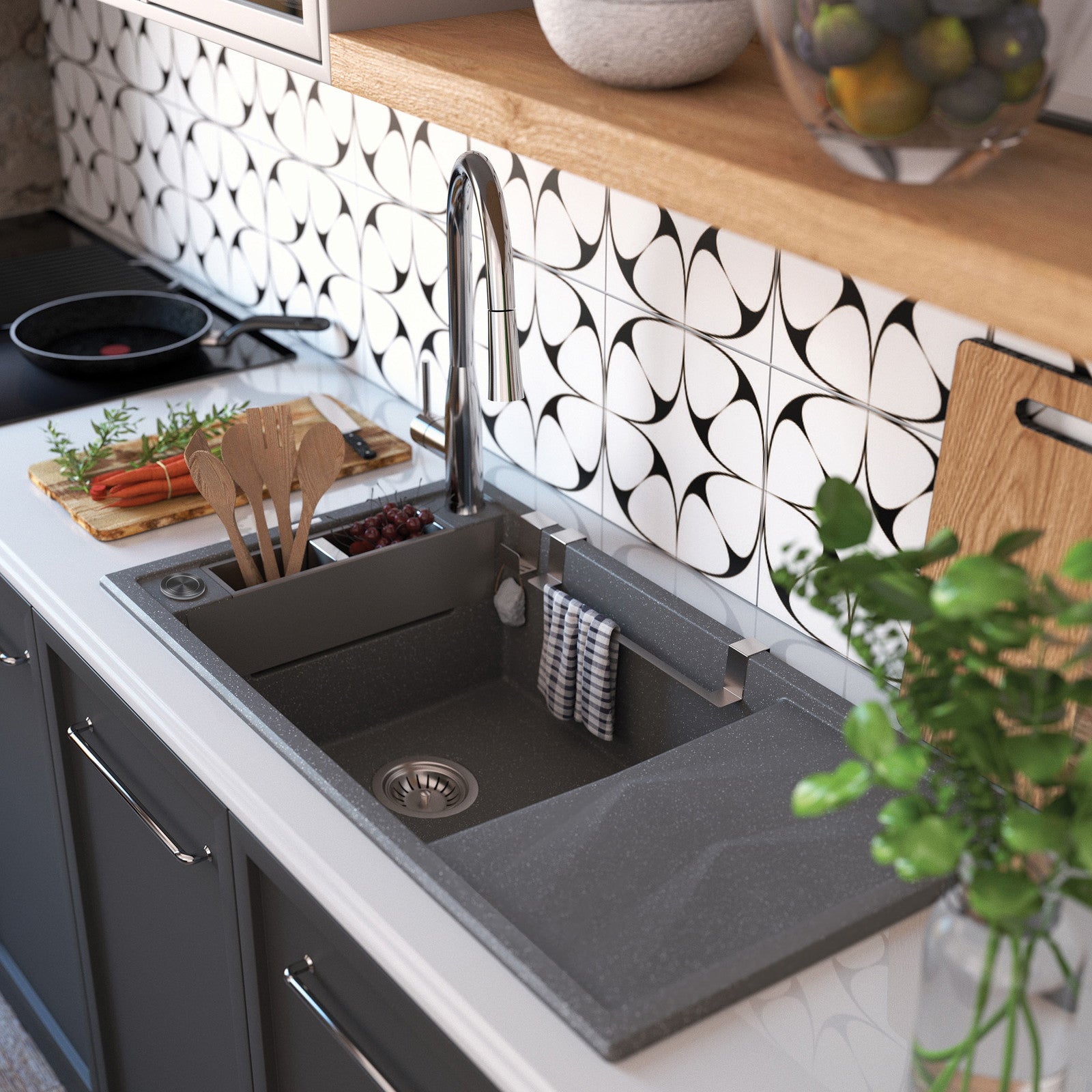 Magnētiskā 1 bļodas granīta izlietne ar izlietni Magnetic 820 x 500 x 219 metāliski pelēka - N1 Home