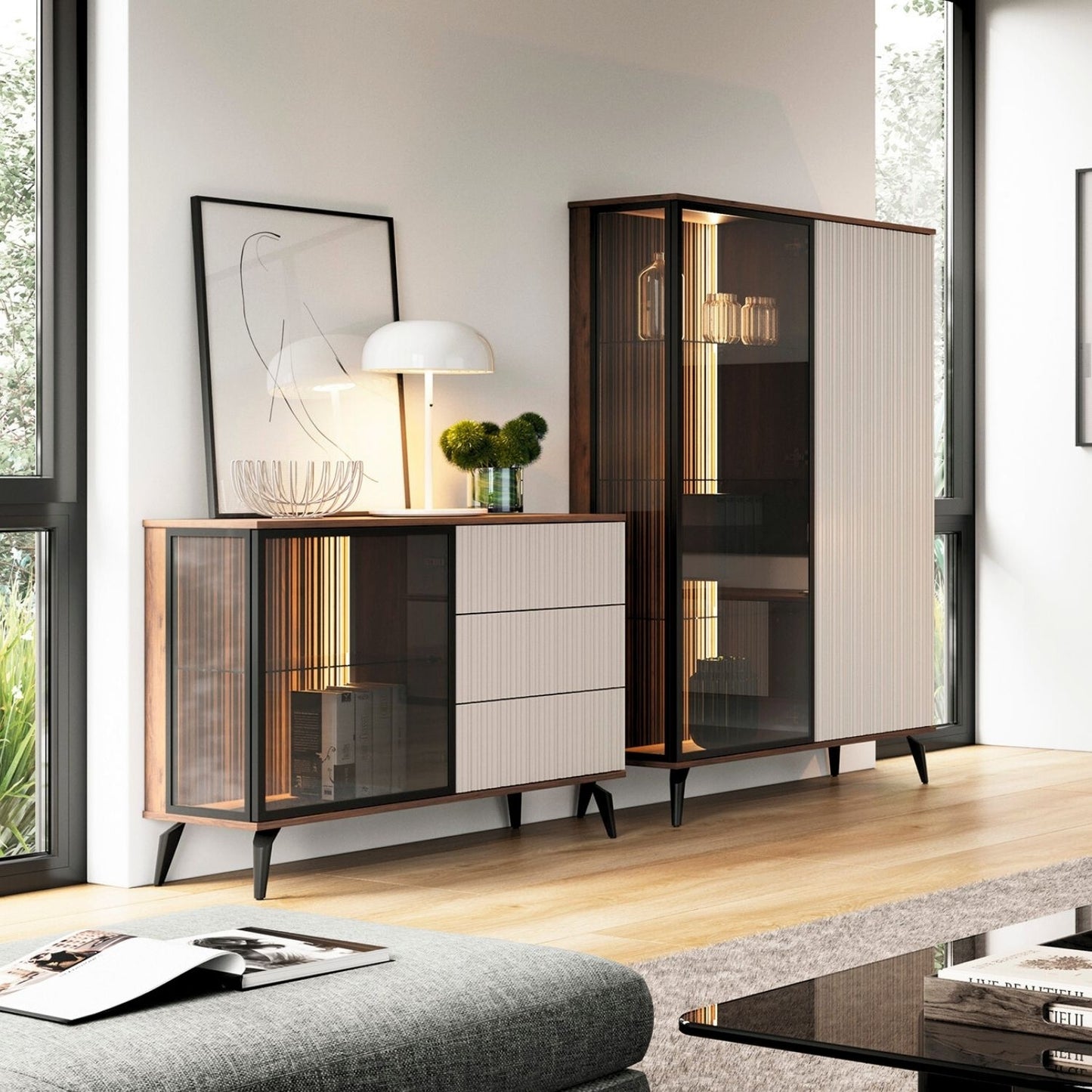 Vitrīnas skapis Vic 105/39,5/167 cm kašmirs/rieksts - N1 Home