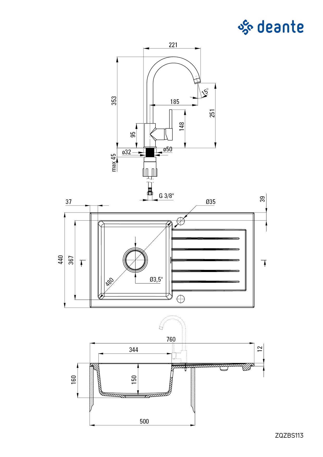 Granīta izlietne ar jaucējkrānu 1-bļodas izlietne ar izlietni Zorba 760 x 440 x 160 smiltis - N1 Home