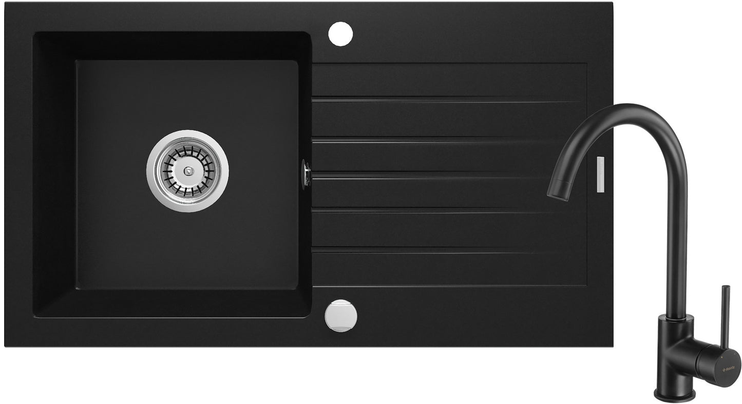 Granīta izlietne ar jaucējkrānu 1-bļodas izlietne ar izlietni Zorba 760 x 440 x 160 nero - N1 Home
