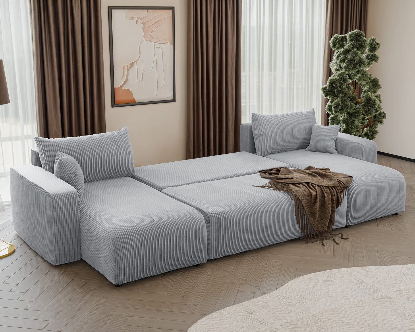 NONIPIA U-formas stūra dīvāns ar gulēšanas funkciju, ar konteineri, universāls, gaiši pelēks velvets - N1 Home