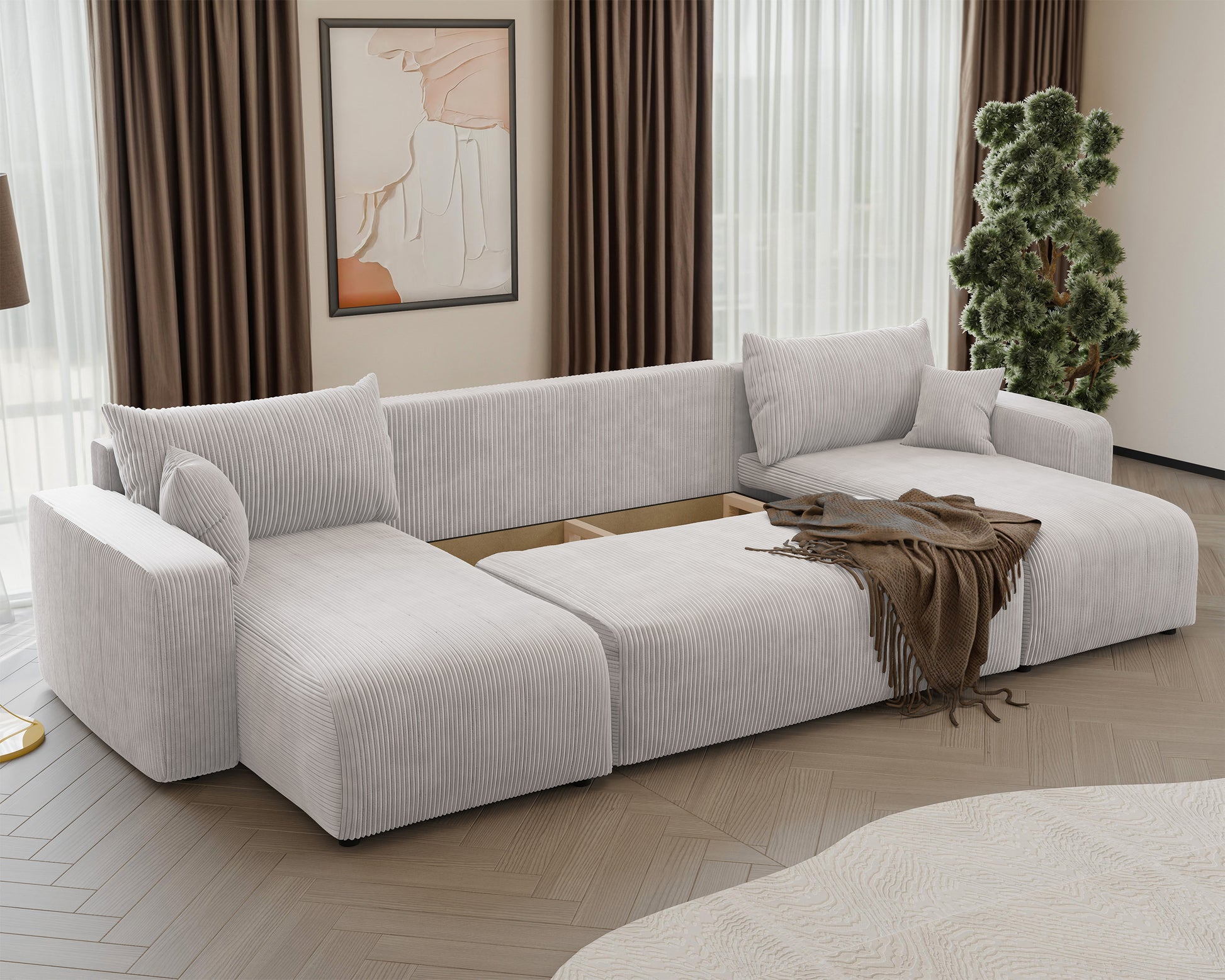 NONIPIA U-formas stūra dīvāns ar gulēšanas funkciju, ar konteineri, universāls, gaiši bēšs velvets - N1 Home