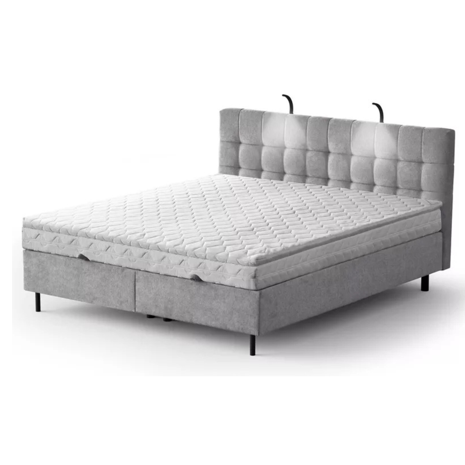 NUNA Kontinentālā gulta 140/160/180x200 cm ar matraci, glabātuvi un LED apgaismojumu, gaiši pelēks samts - N1 Home