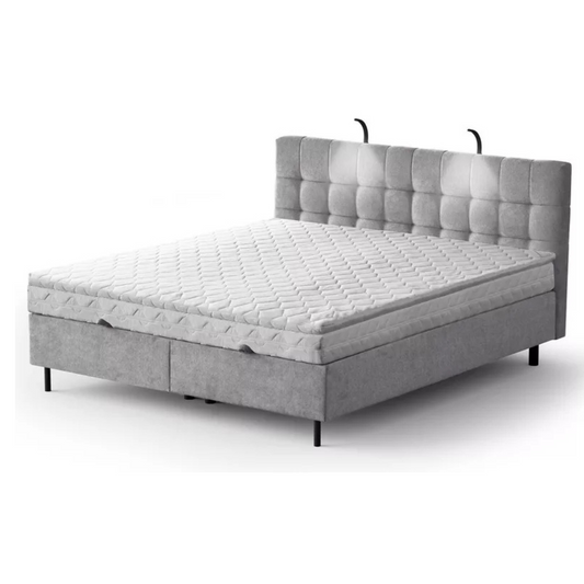 NUNA Kontinentālā gulta 140/160/180x200 cm ar matraci, glabātuvi un LED apgaismojumu, gaiši pelēks samts - N1 Home