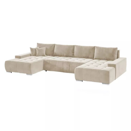 MALINO U-formas stūra dīvāns ar gulēšanas funkciju, bēšs hidrofobs samts, 350 cm - N1 Home