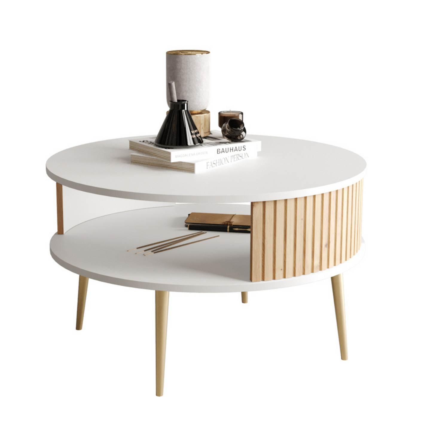 DIVIANO Apaļš kafijas galdiņš 76 cm, balts/artisan ozols ar zelta lameļu kājām - N1 Home