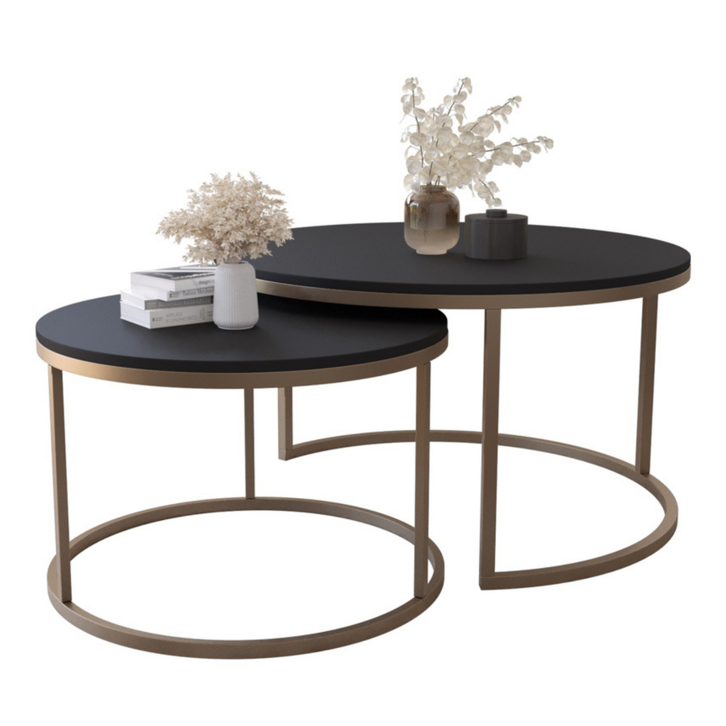BELLO Divu kafijas galdiņu komplekts, apaļš, 80 un 60 cm, matēts melns ar zelta kājām - N1 Home