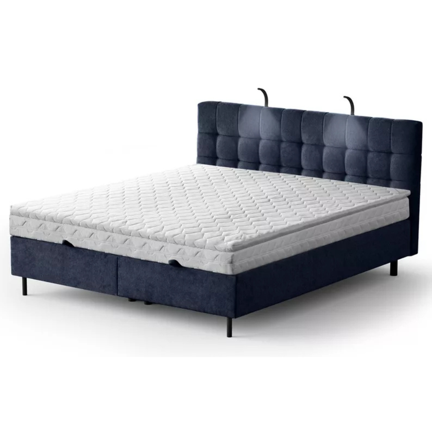 NUNA Kontinentālā gulta 140/160/180x200 cm ar matraci, glabātuvi un LED apgaismojumu, tumši zils samts - N1 Home