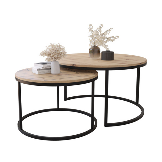 BELLO Divu kafijas galdiņu komplekts, apaļš, 80 un 60 cm, artisan ozols/skujiņas raksts - N1 Home