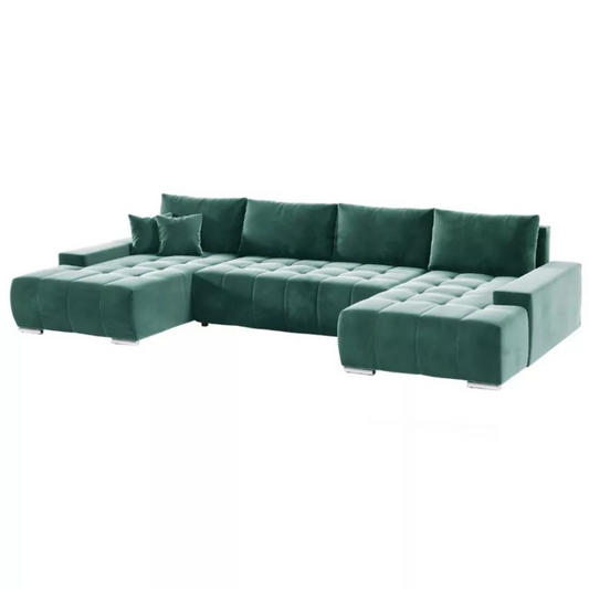 MALINO U-formas stūra dīvāns ar gulēšanas funkciju, zaļš hidrofobs samts, 350 cm - N1 Home