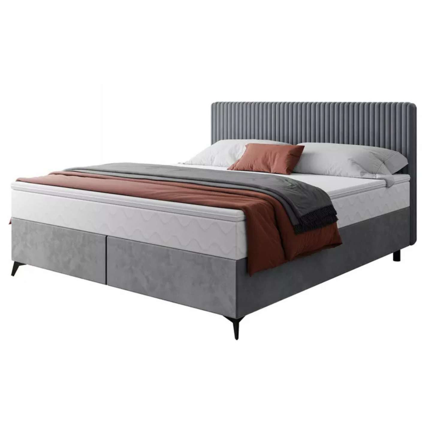 WOFAL Kontinentālā gulta 140/160/180x200 cm ar matraci un glabātuvi, pelēks biezs velvets - N1 Home