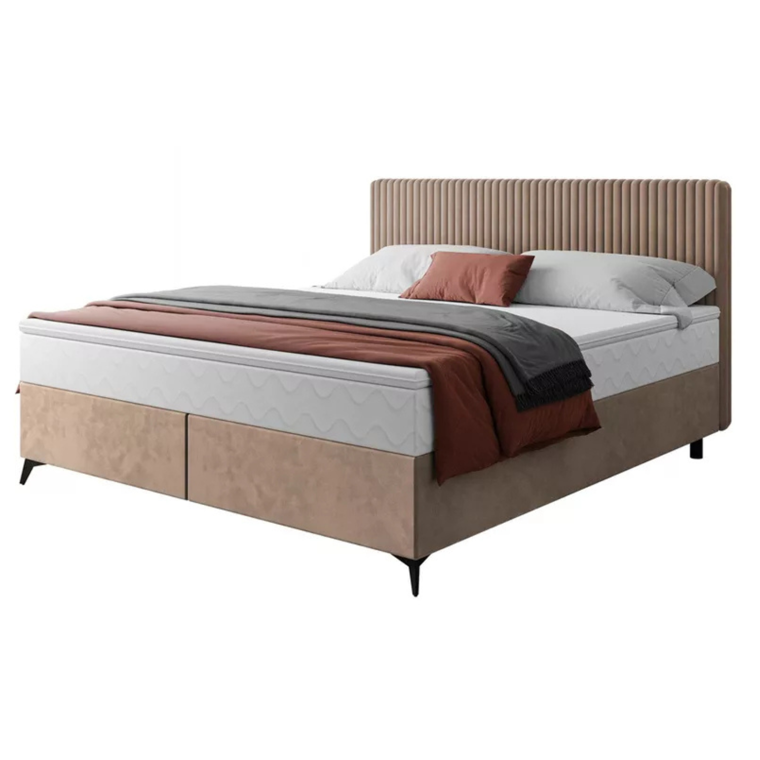 WOFAL Kontinentālā gulta 140/160/180x200 cm ar matraci un glabātuvi, gaiši brūns, biezs velvets - N1 Home