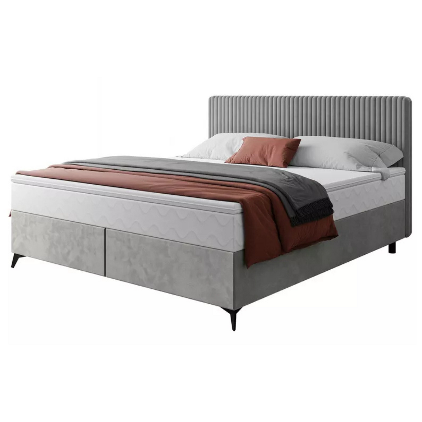 WOFAL Kontinentālā gulta 140/160/180x200 cm ar matraci un glabātuvi, gaiši pelēka bieza velveta - N1 Home