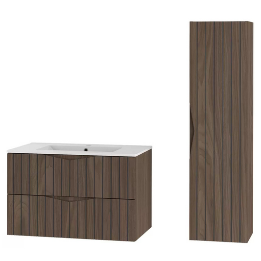 DELLA Vannas istabas komplekts ar izlietni un skapīti, piekaramais skapis, 95 cm, rievotas riekstkoka/matēti melnas fasādes - N1 Home