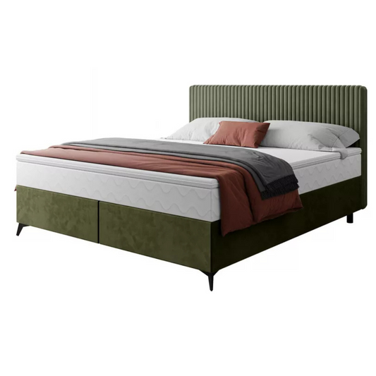 WOFAL Kontinentālā gulta 140/160/180x200 cm ar matraci un glabātuvi, olīvu biezs velvets - N1 Home