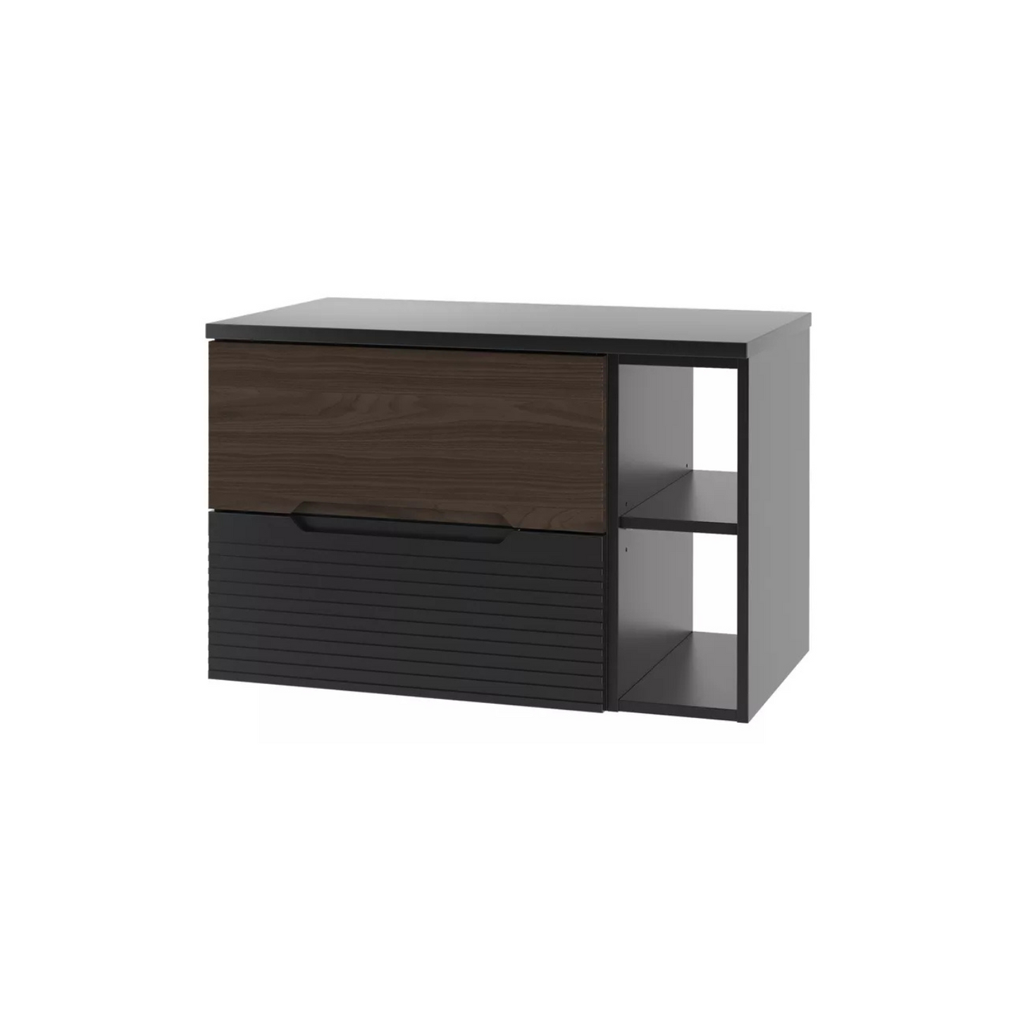 VELAV Vannas istabas skapis ar darba virsmu un plauktiem, 80 cm, rievota priekšpuse, matēts melns / riekstkoks - N1 Home