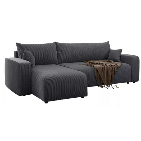 NONIPIA L-formas stūra dīvāns ar gulēšanas funkciju, ar konteineri, universāls, pelēks velvets - N1 Home