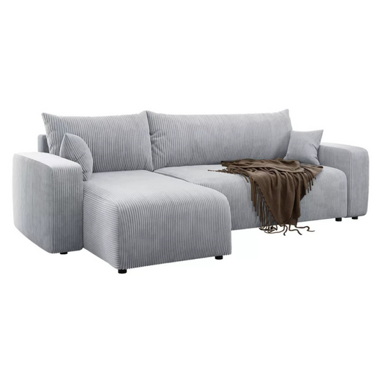 NONIPIA L-formas stūra dīvāns ar gulēšanas funkciju, ar konteineri, universāls, gaiši pelēks velvets - N1 Home