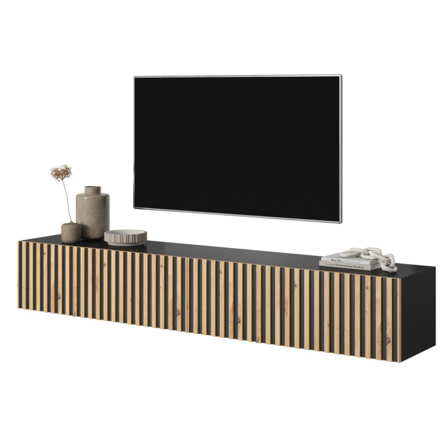 LIRETE TV skapis 138,6 cm melns/ozols ar lameles priekšpusi - N1 Home