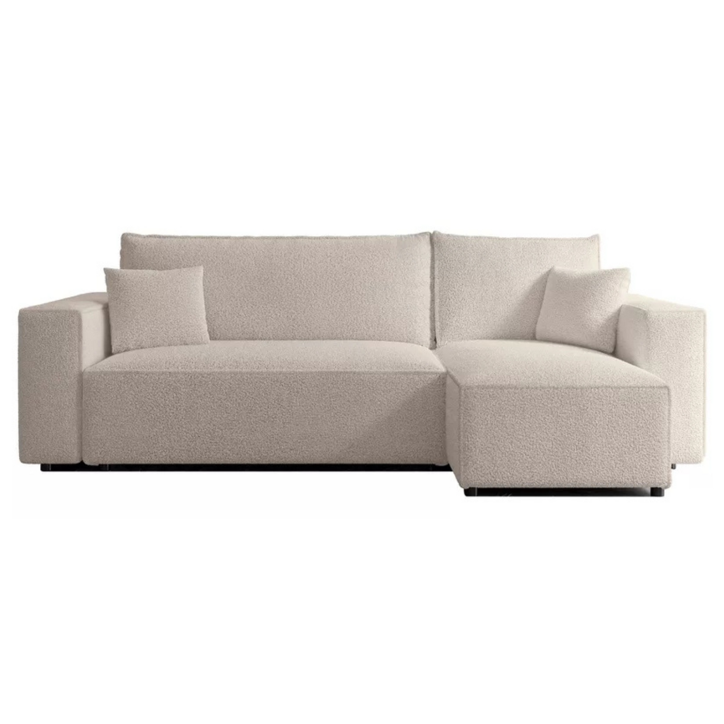 CARLO L-veida stūra dīvāns ar gulēšanas funkciju, ar konteineri, universāls, gaiši bēšs bukle - N1 Home