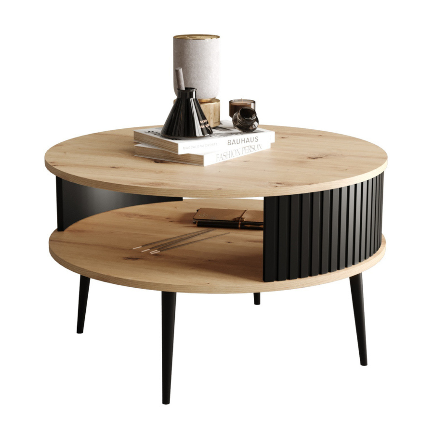 DIVIANO Apaļš kafijas galdiņš 76 cm, artisan ozols ar rievotu melnu sānu malu - N1 Home