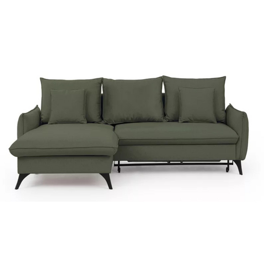 BIANOCA L-veida stūra dīvāns ar gulēšanas funkciju, ar konteineru, olīvzaļš hidrofobs samts, kreisa/laba puse - N1 Home