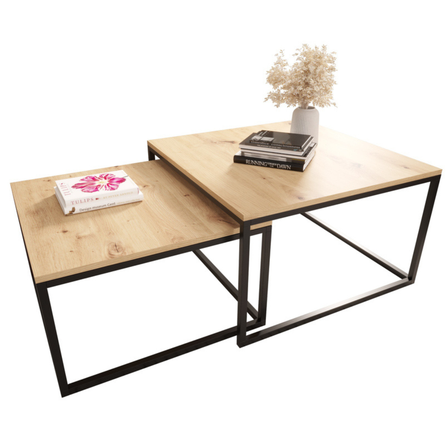 BELLO Divu kvadrātveida kafijas galdiņu komplekts, 70 cm un 60 cm, artisan ozols - N1 Home