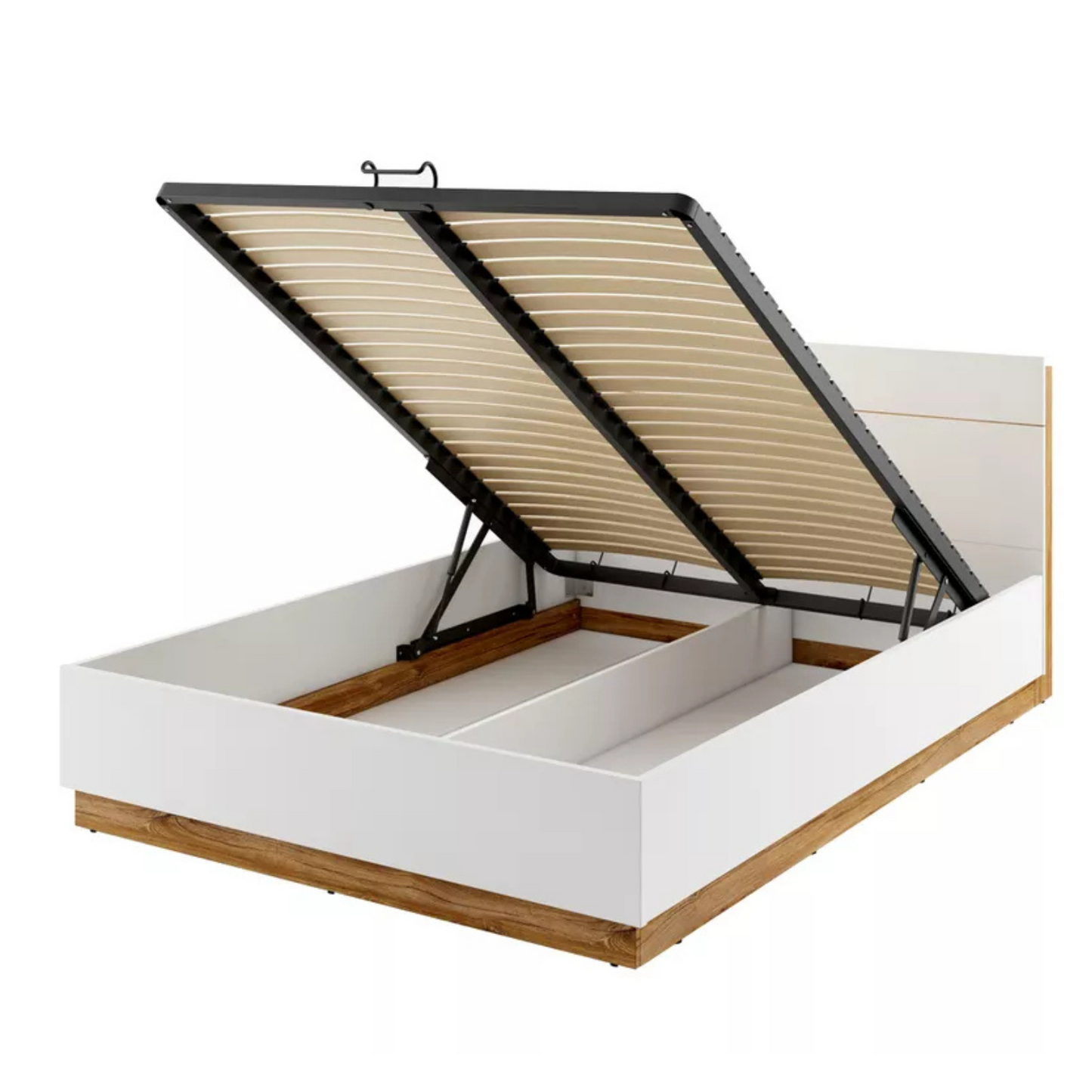 TRODEN Gulta ar konteineri un apgaismojumu 140/160/180x200 cm, balts/ozols - N1 Home