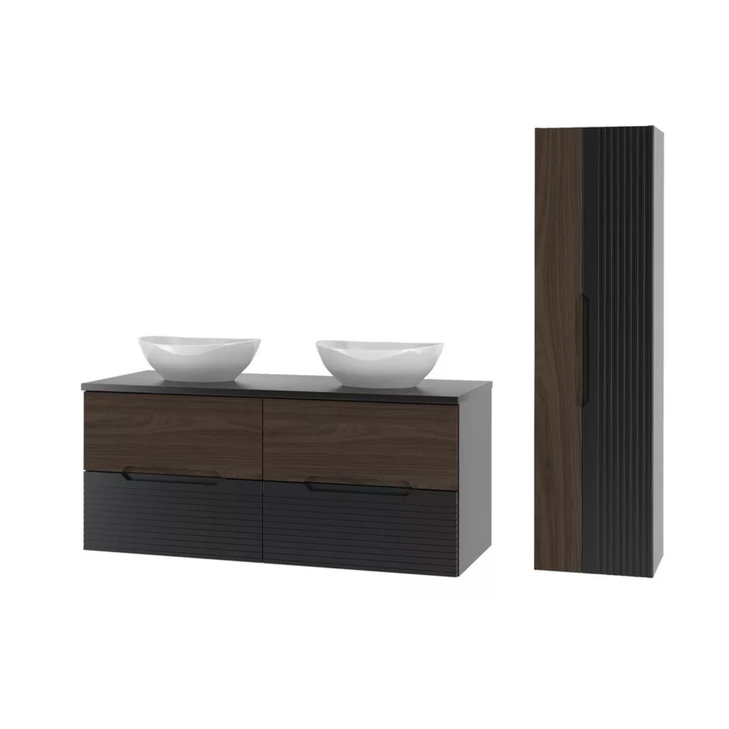 VELAV Vannas istabas komplekts ar izlietnēm uz galda un skapis 155 cm, rievotas fasādes, matēts melns / riekstkoks - N1 Home