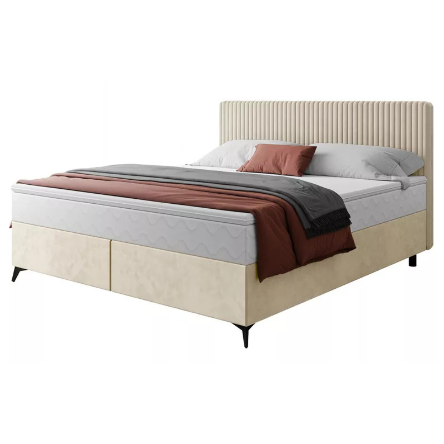 WOFAL Kontinentālā gulta 140/160/180x200 cm ar matraci un glabātuvi, gaiši bēšs, biezs velvets - N1 Home