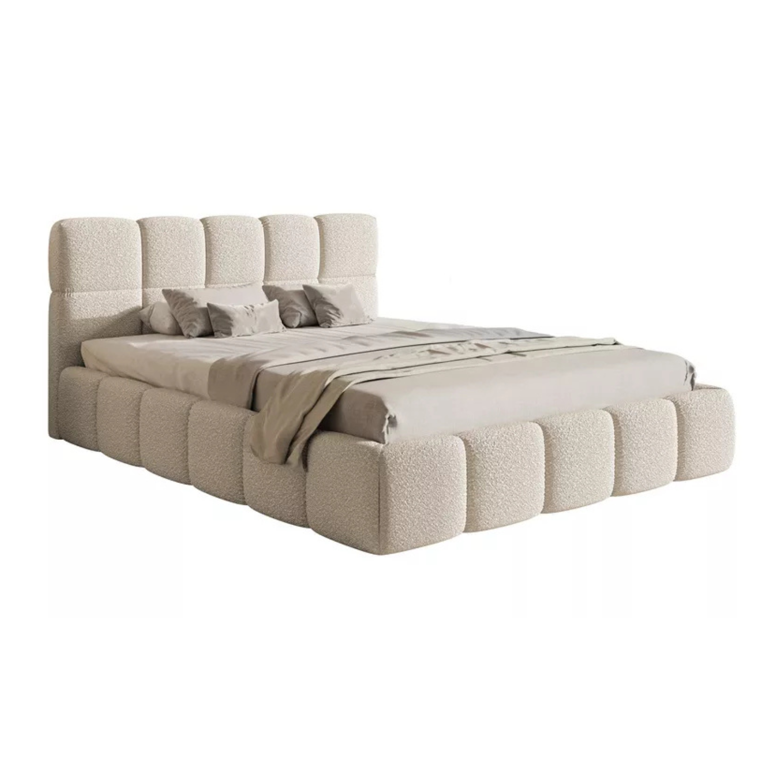 CLOD Mīkstā gulta 200x200 cm ar glabātuvi, gaiši smilškrāsas bukle - N1 Home