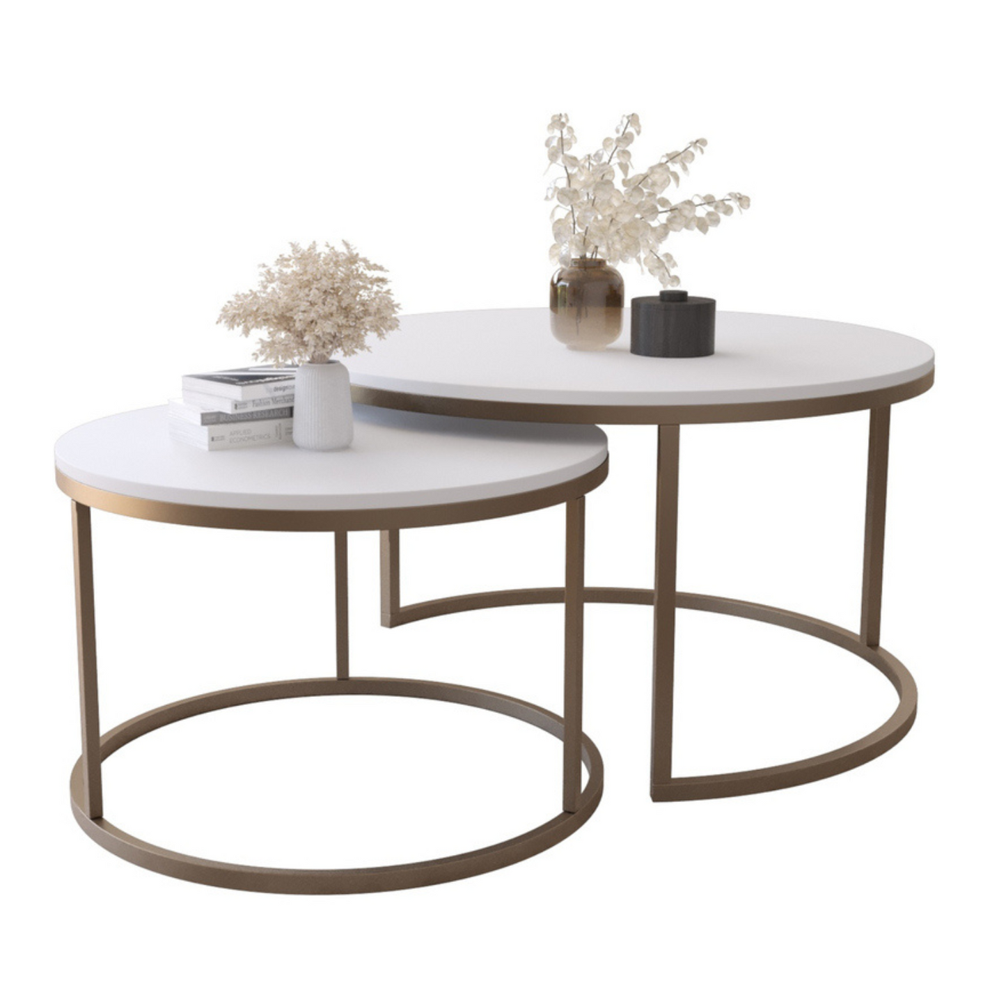 BELLO Divu kafijas galdiņu komplekts, apaļš, 80 un 60 cm, balts matēts ar zelta kājām - N1 Home