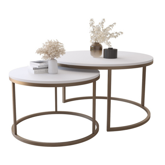 BELLO Divu kafijas galdiņu komplekts, apaļš, 80 un 60 cm, balts matēts ar zelta kājām - N1 Home