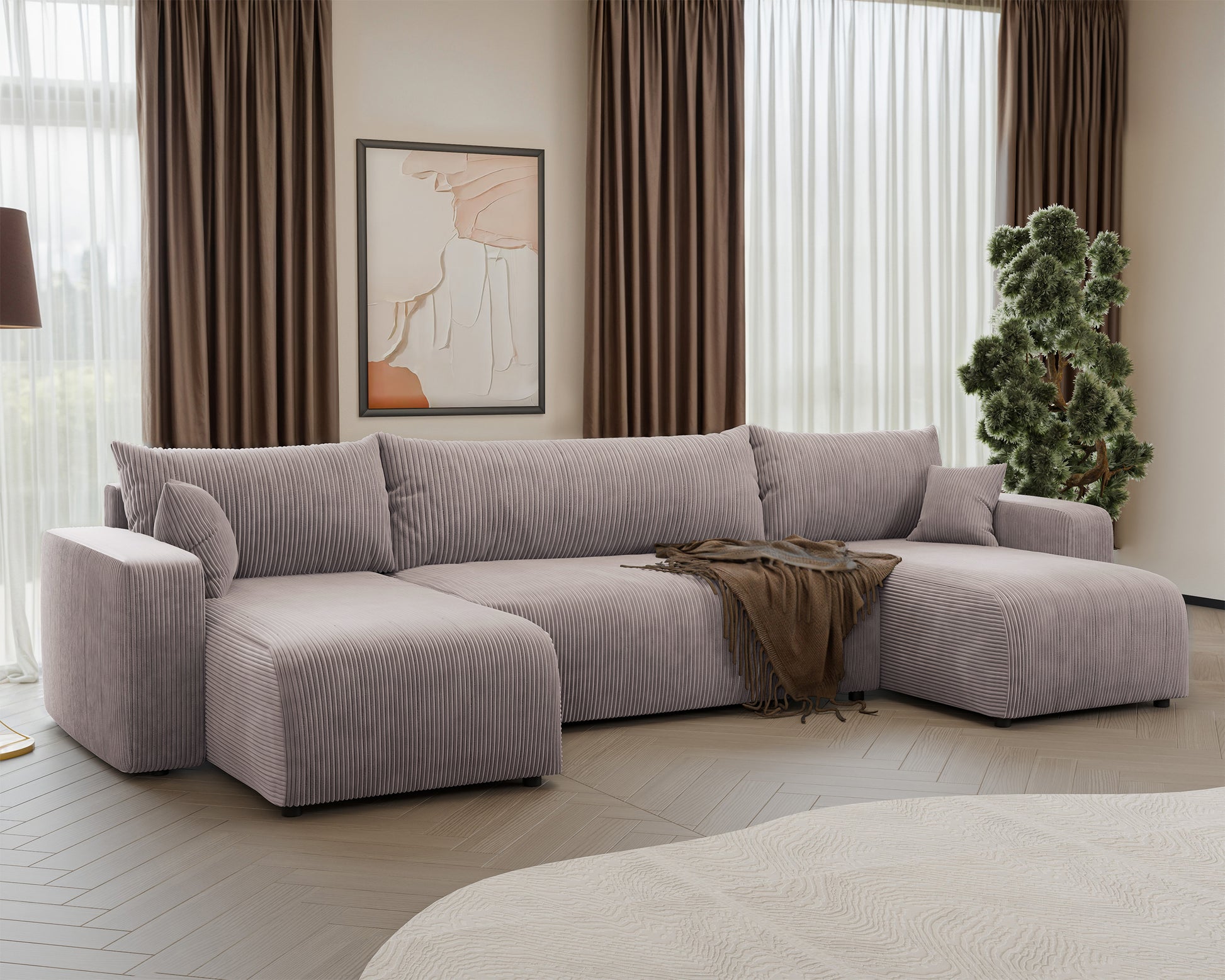 NONIPIA U-formas stūra dīvāns ar gulēšanas funkciju, ar konteineri, universāls, bēšs velvets - N1 Home