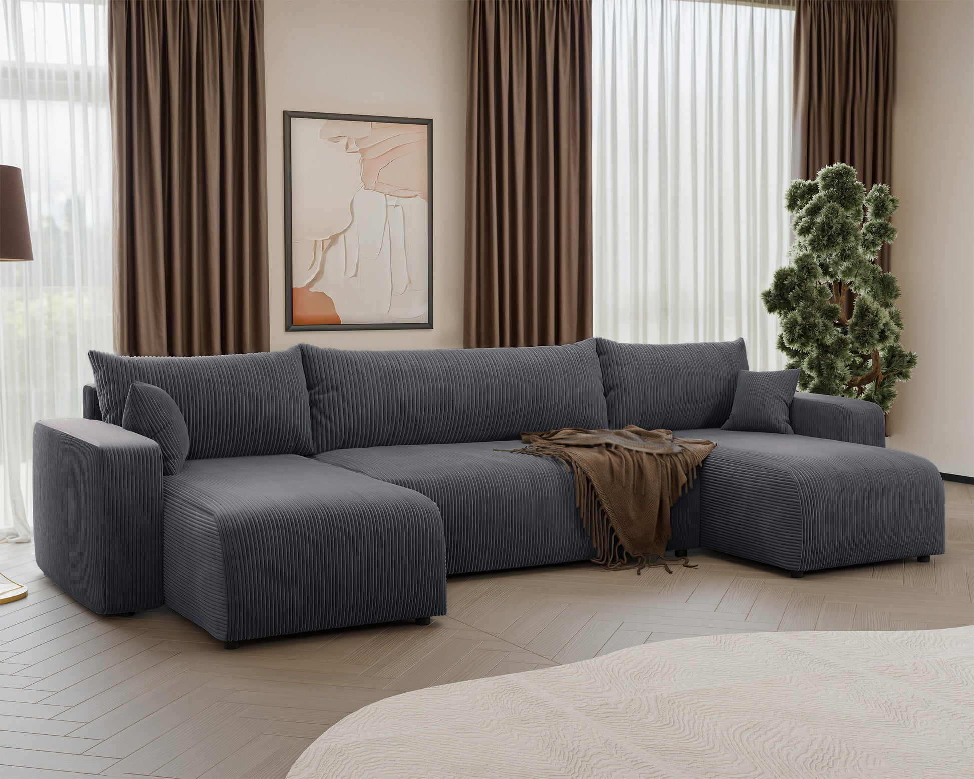 NONIPIA U-formas stūra dīvāns ar gulēšanas funkciju, ar konteineri, universāls, pelēks velvets - N1 Home