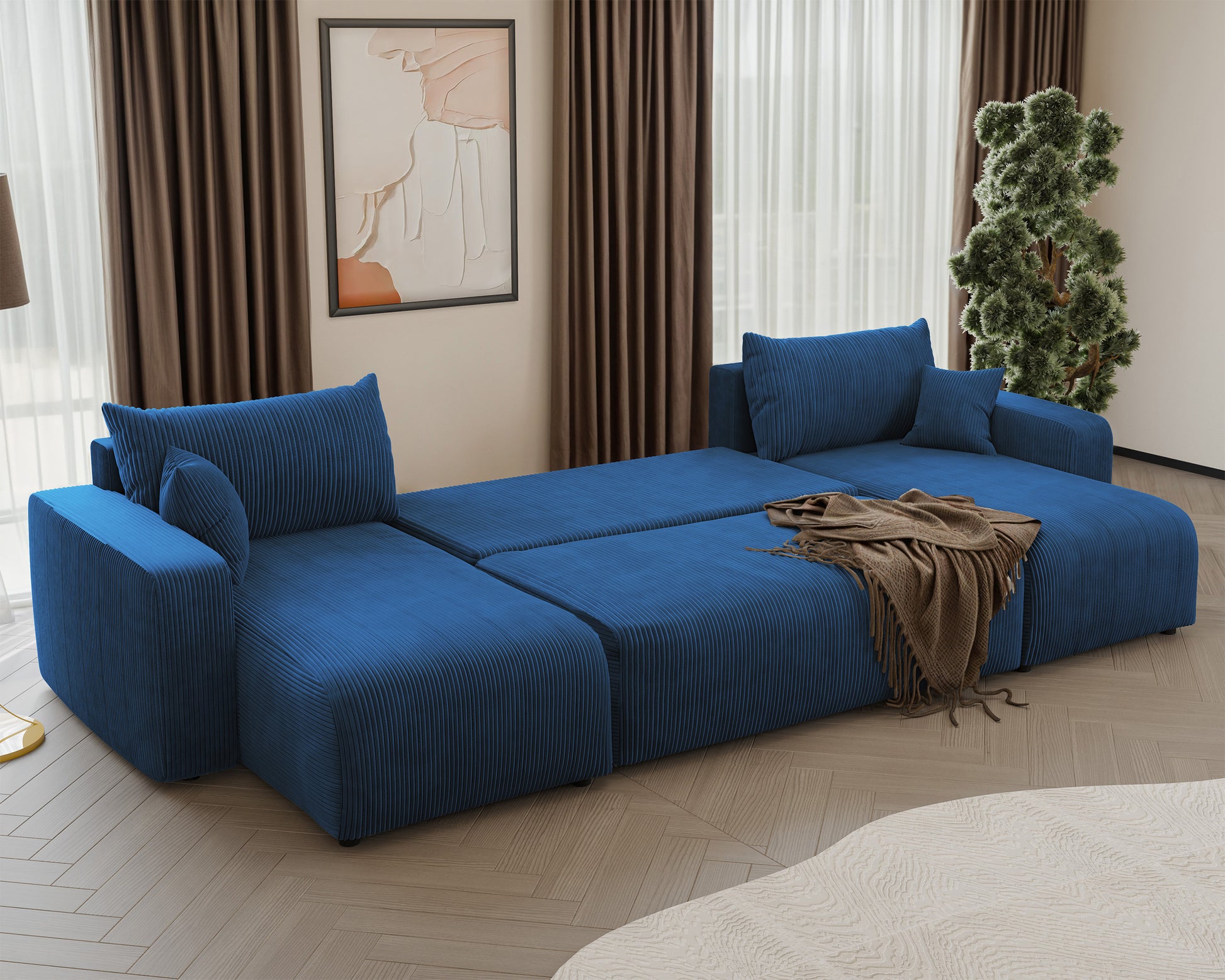 NONIPIA U-formas stūra dīvāns ar gulēšanas funkciju, ar konteineri, universāls, tumši zils velvets - N1 Home