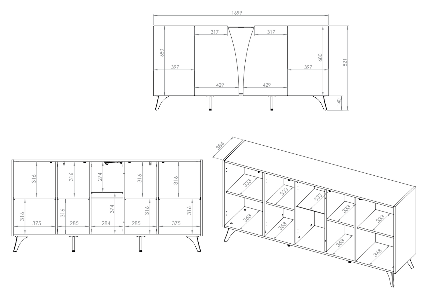 Kumode Toskana 169/82/38 cm ozols/melns - N1 Home