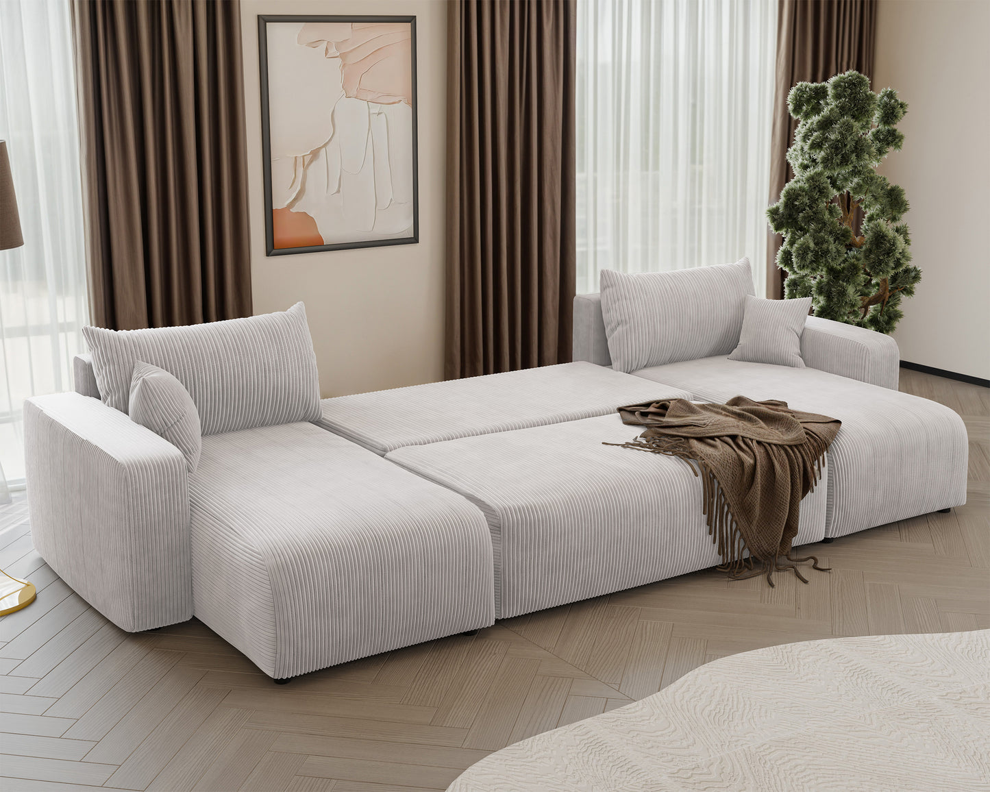 NONIPIA U-formas stūra dīvāns ar gulēšanas funkciju, ar konteineri, universāls, gaiši bēšs velvets - N1 Home