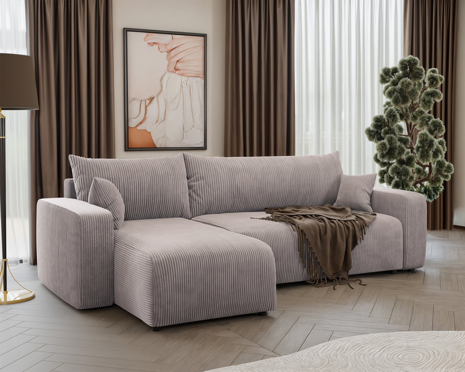 NONIPIA L-formas stūra dīvāns ar gulēšanas funkciju, ar konteineri, universāls, bēšs velvets - N1 Home