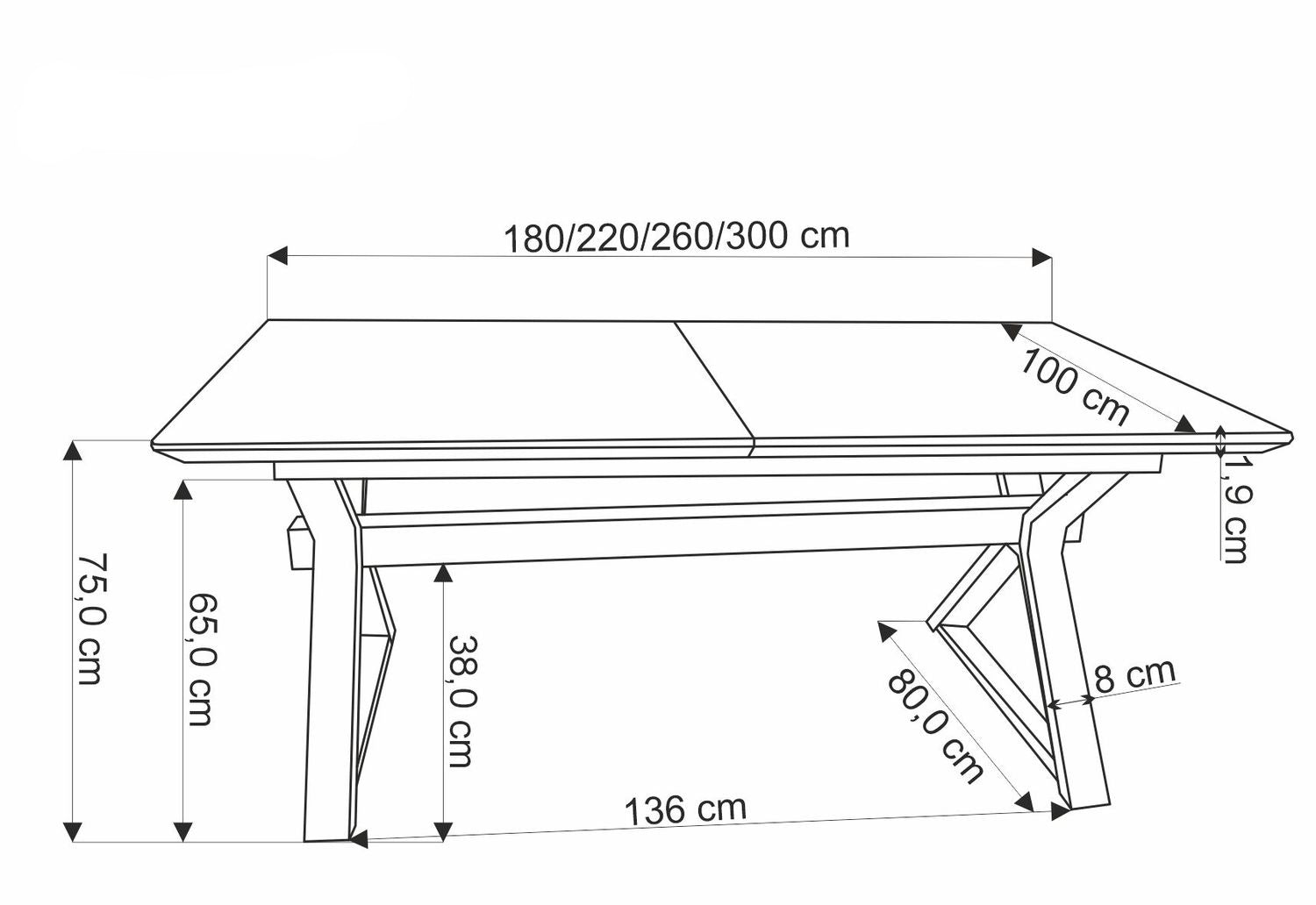 Galds Hen 180-300/100/75/136 cm dabīgs/melns - N1 Home