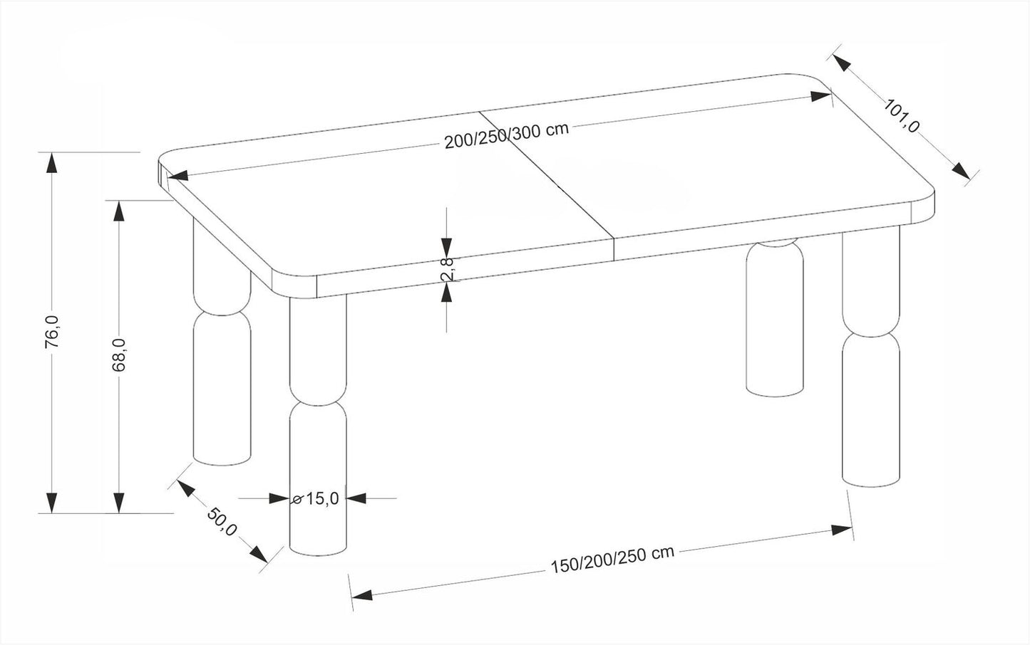 Galds Melta 200/101/76 cm gaišš valrieksts - N1 Home