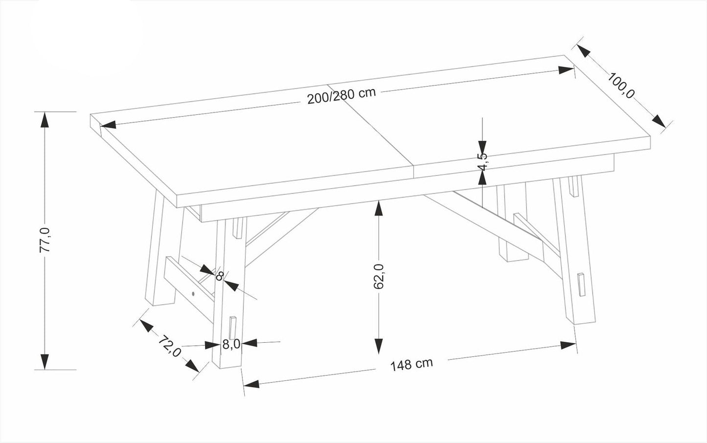 Galds Fresta 200-280/100/77 cm ozols