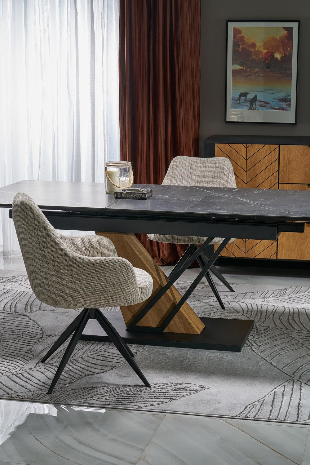 Galds Volans 140; 160/90/67 cm melns marmors/ozols - N1 Home